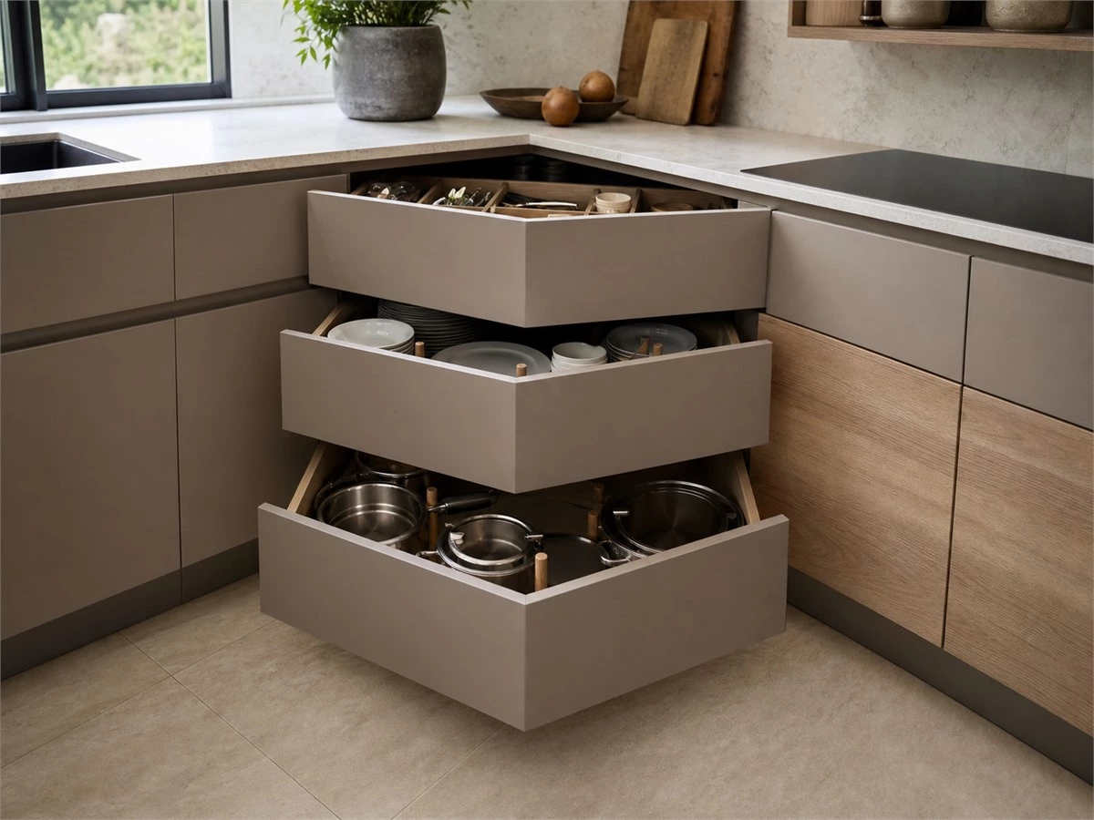 L-shaped corner drawers in a custom kitchen cabinet