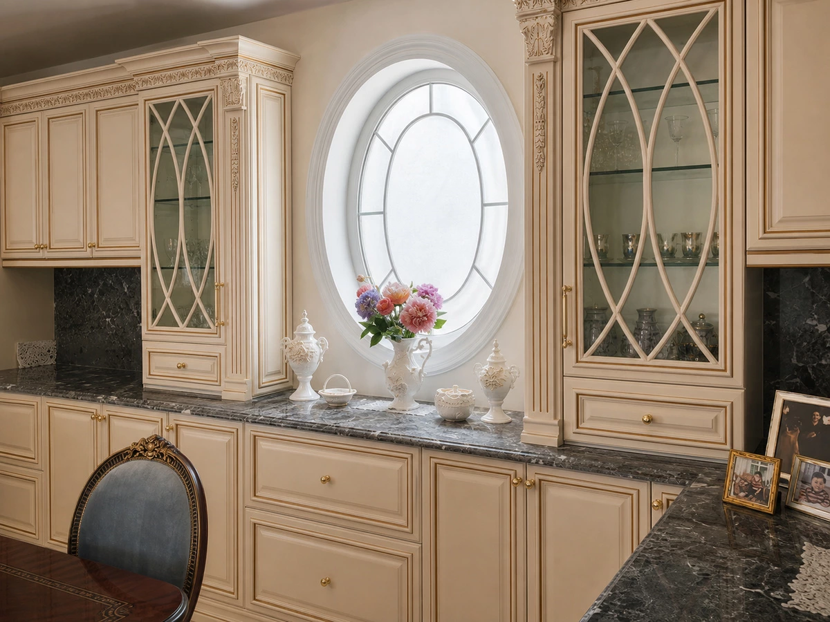 Glass-fronted upper cabinets for kitchen display storage