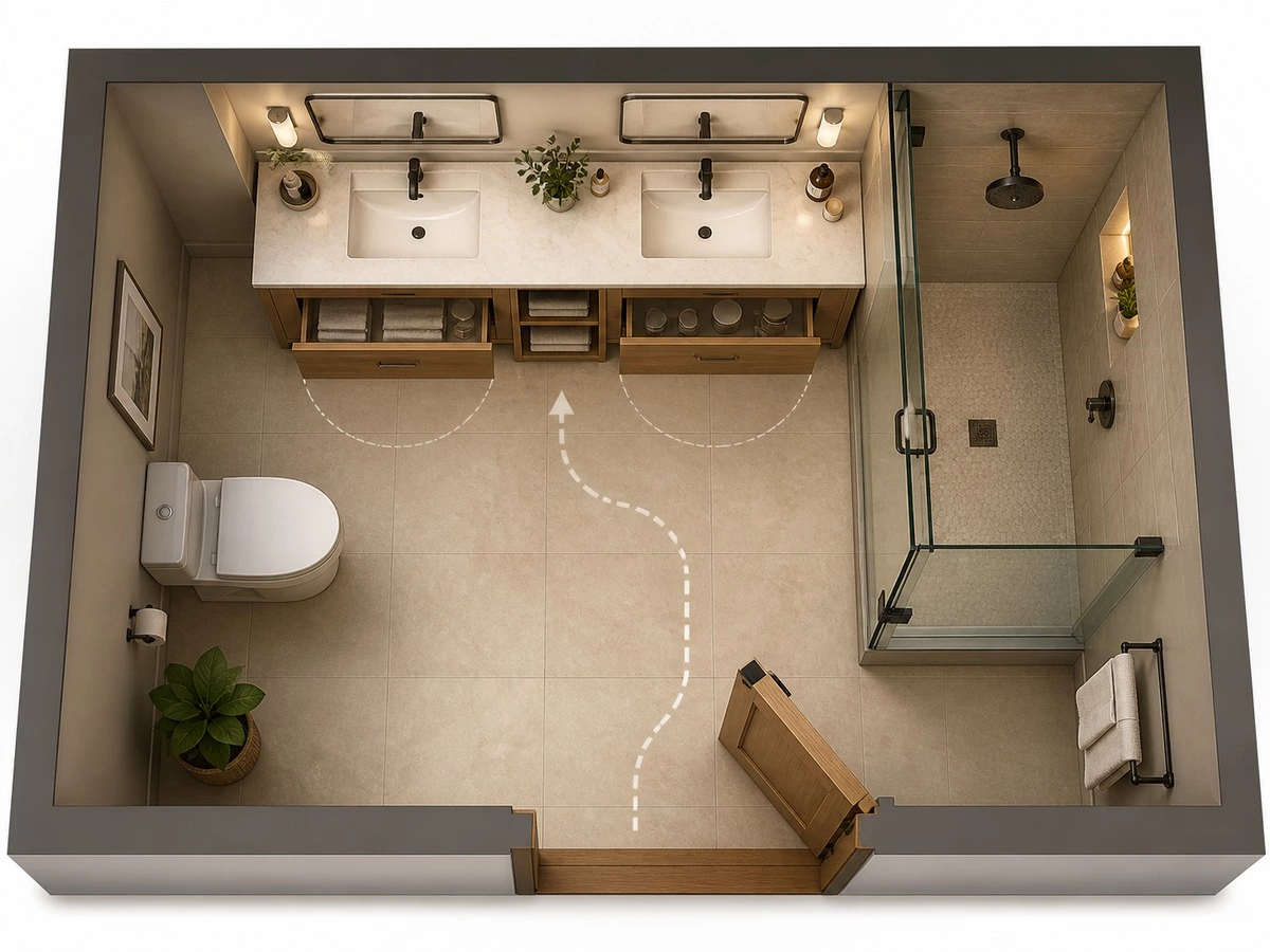 Bathroom plan showing double vanity clearance door swing shower and toilet