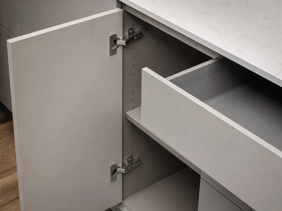 Frameless European style kitchen cabinet construction with door overlay and drawer hardware