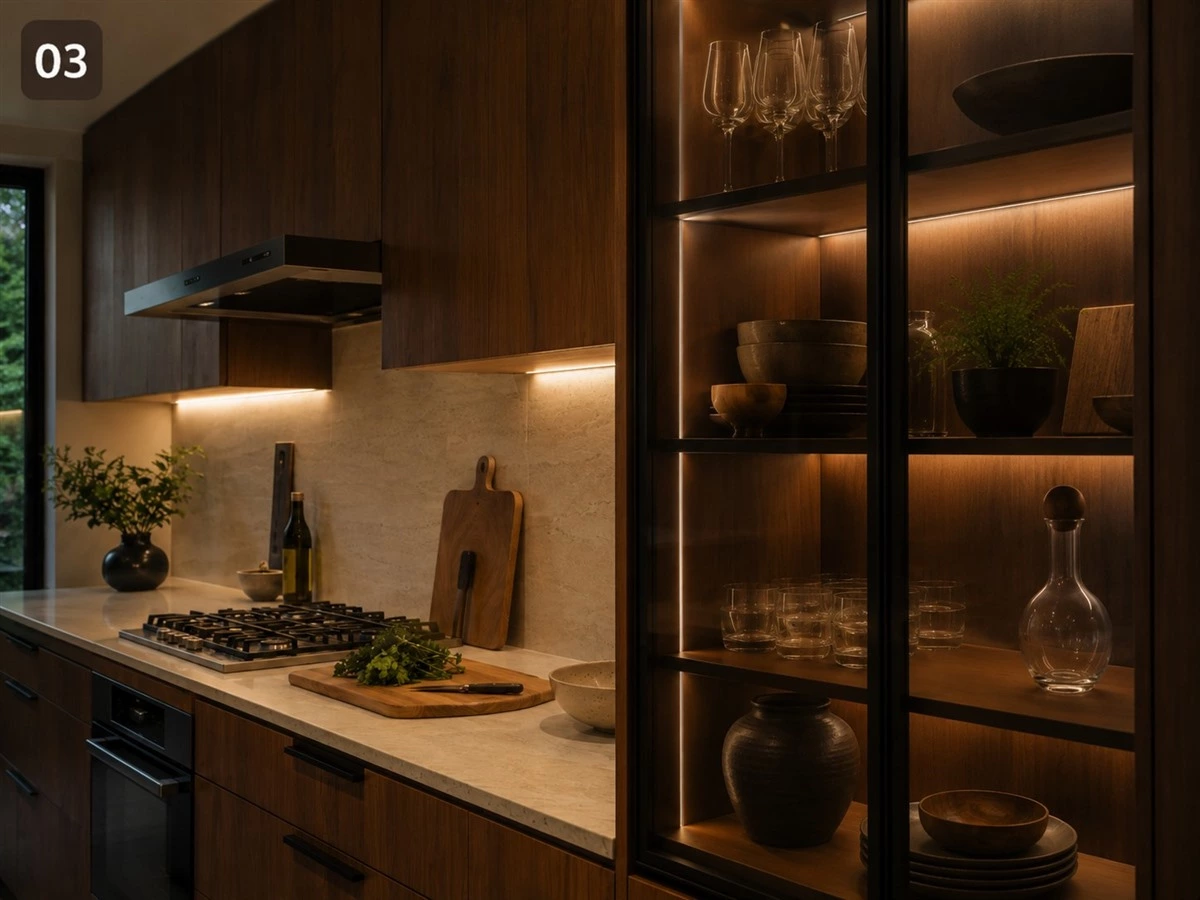 Glass display cabinet lighting with warm modern kitchen cabinetry