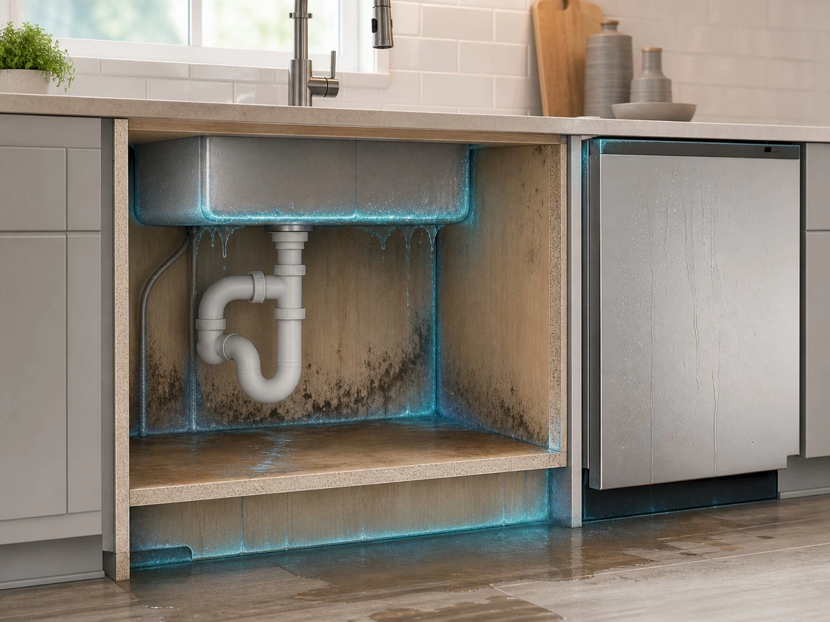 Kitchen cabinet moisture risk zones at sink dishwasher edges back panels and toe kicks