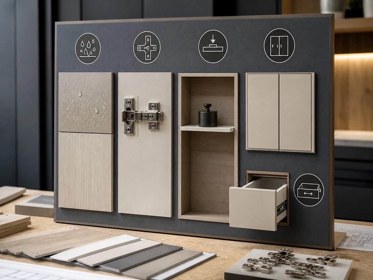Kitchen carcass material performance factors for moisture shelves drawers and hardware