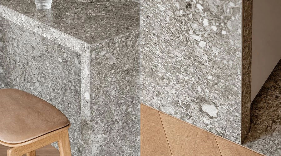 Wood and stone details in a small eat-in kitchen