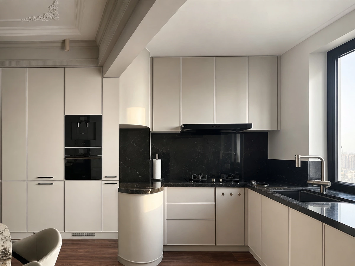 Graceful curved corner detail of soft white kitchen cabinets