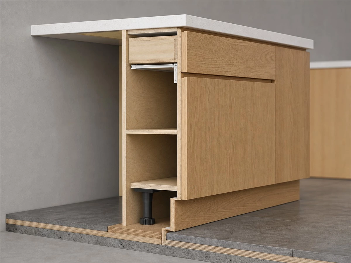 Side section drawing of a base cabinet showing toe kick recess depth and countertop overhang
