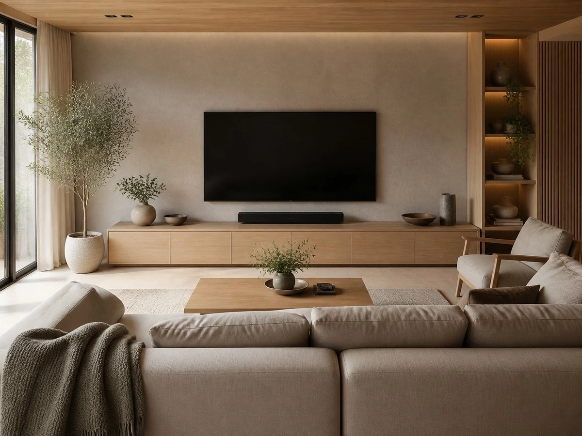 TV screen viewing height planned from sofa position in a modern living room