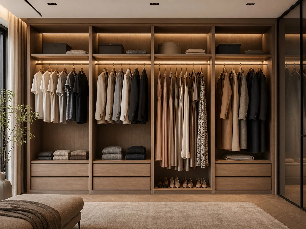 Custom wardrobe clothing inventory with short medium and long hanging zones