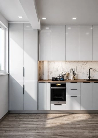 White Wood Grain Kitchen with an I-Shaped Layout