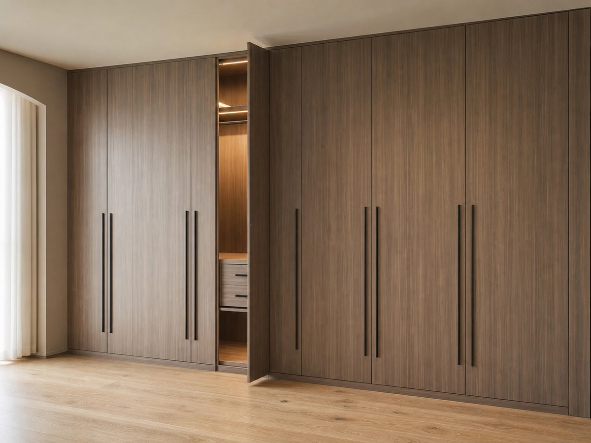 Wood-finish wardrobes for coordinated bedroom storage