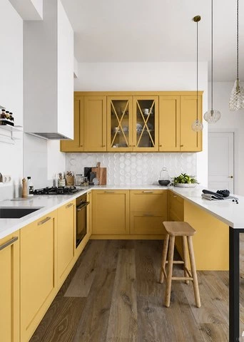 Yellow Shaker Kitchen with Glass-Front Cabinets
