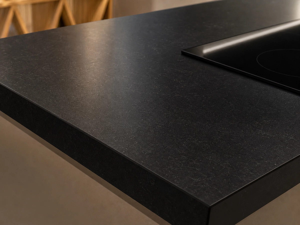Sintered stone worktop with black glass kitchen cabinets