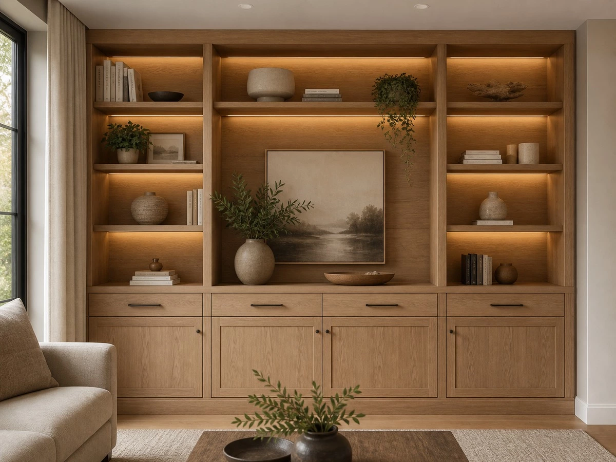 Built in bookcase storage zones for books display and concealed cabinets