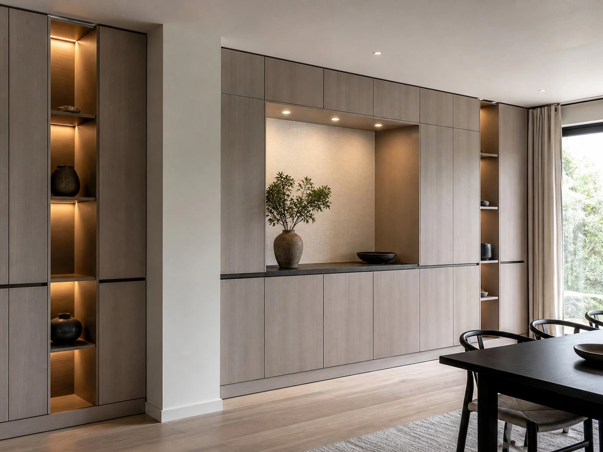 Built in sideboard cabinet designed around a wall recess and column