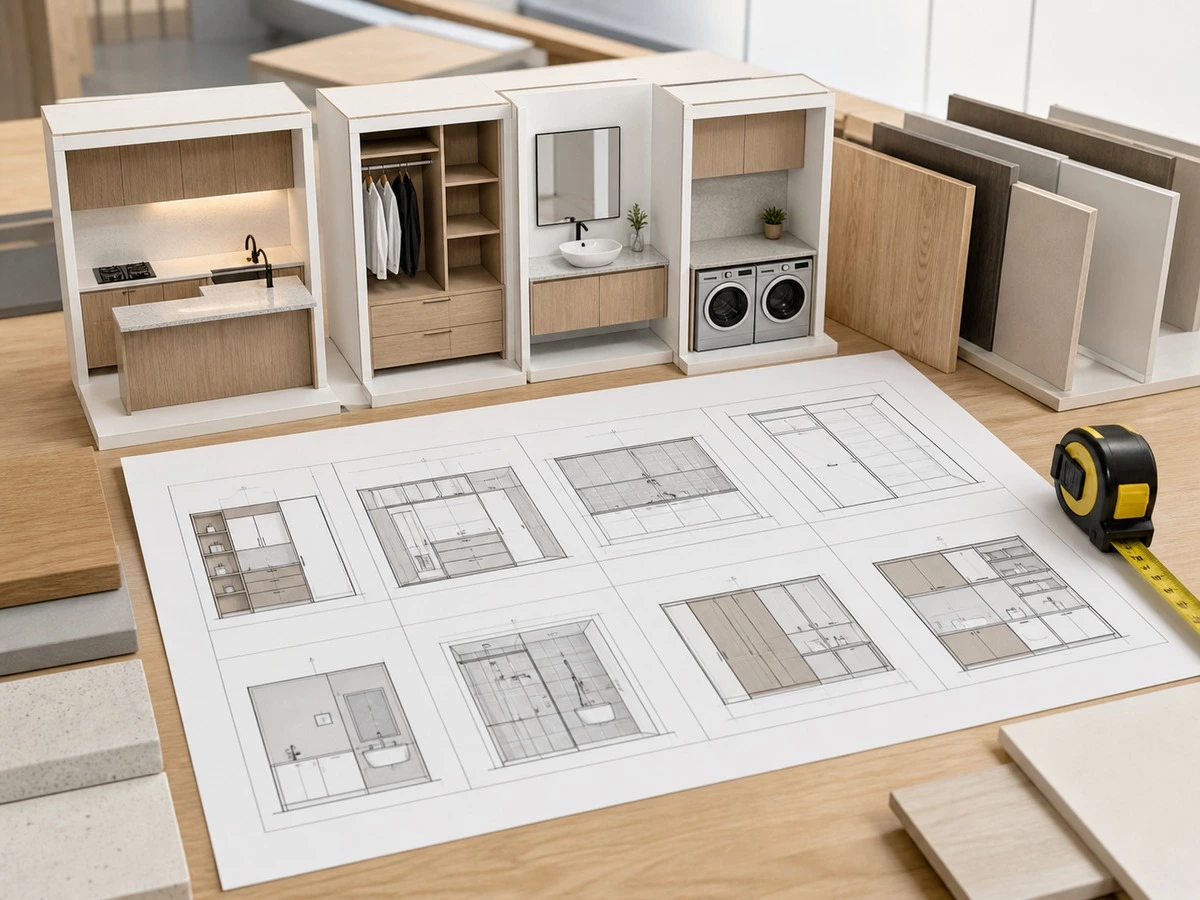 Builder reviewing cabinetry project scope for kitchen wardrobe bathroom vanity and laundry cabinet rooms