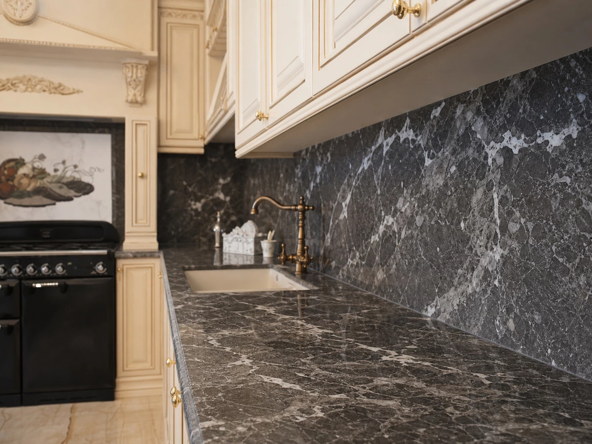 Grey marble countertop and backsplash with cream cabinetry