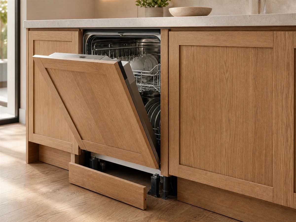 Dishwasher opening with kitchen cabinet filler strip and removable toe kick