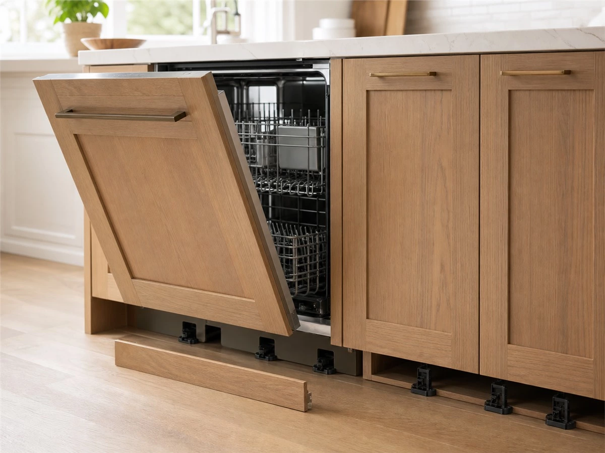 Integrated dishwasher beside custom kitchen cabinets with removable toe kick access