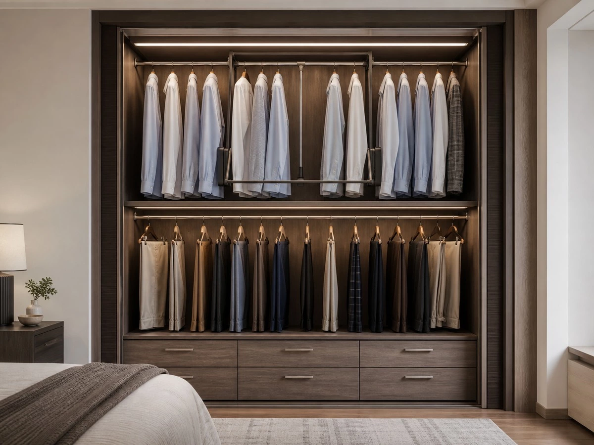 Double hang wardrobe rod dimensions for shirts trousers and jackets