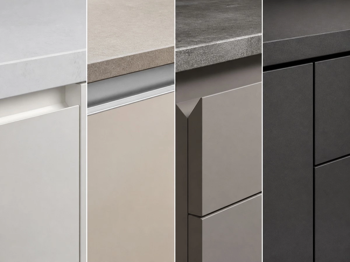 European kitchen cabinet handleless door details with integrated pull and recessed channel