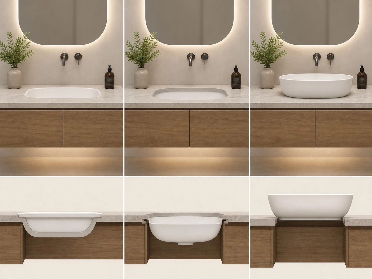 Floating bathroom vanity height comparison for integrated undermount and vessel basins