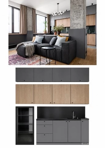Gray Storage Kitchen Cabinets with Wood-Tone Accents
