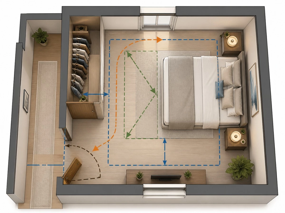 Interior door furniture access and clearance planning for bedroom and wardrobe