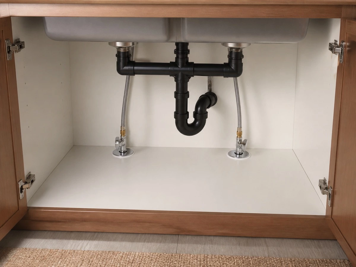 Kitchen sink base cabinet moisture protection and plumbing planning