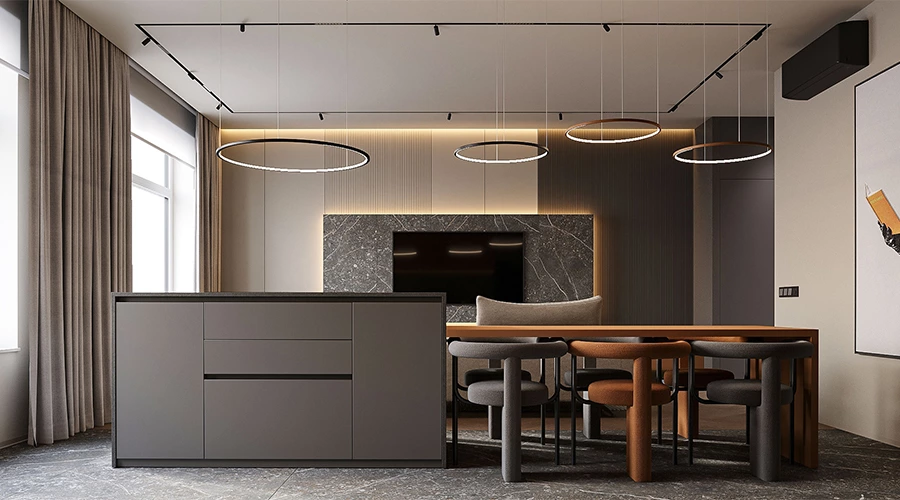 Slatted Wood Kitchen Cabinets with a Multifunctional Island