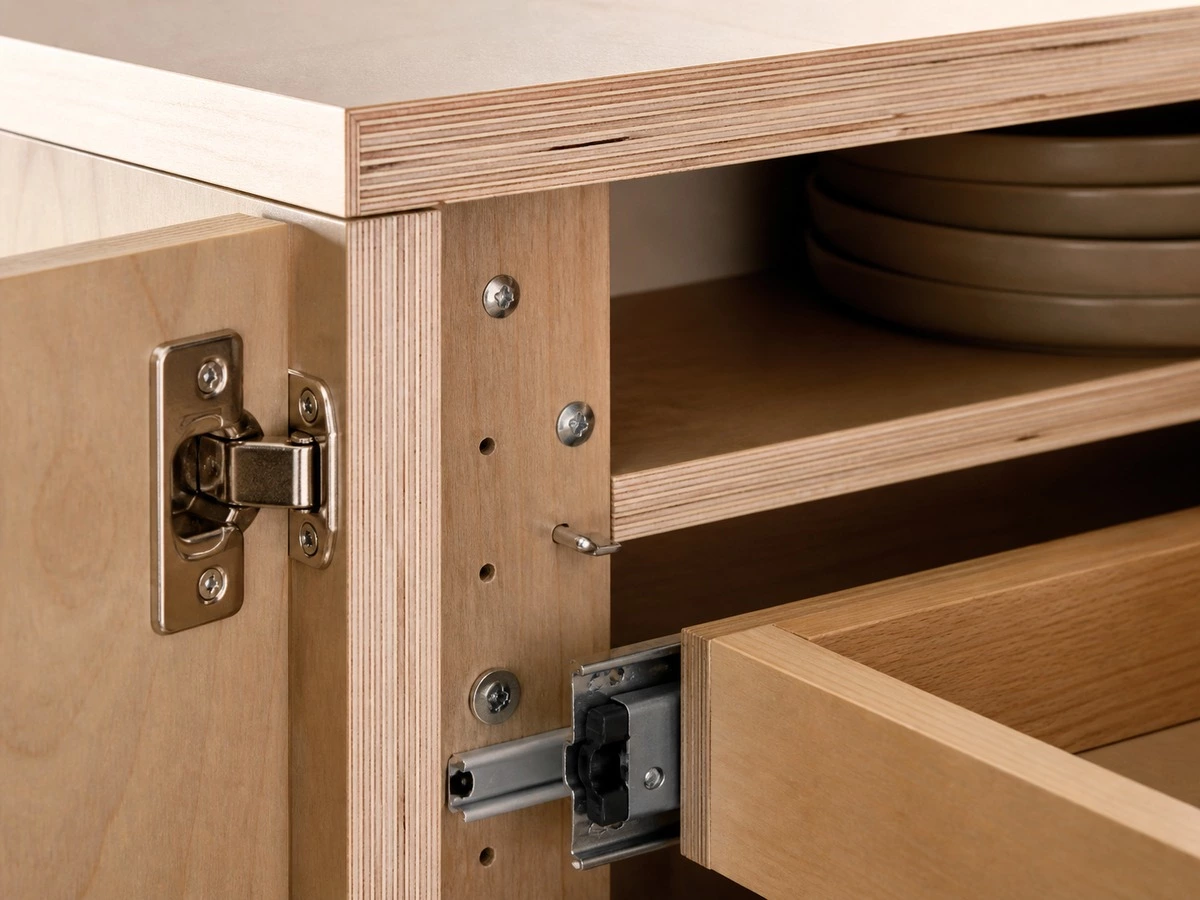 Plywood kitchen carcass strength hinge fixing drawer slide and shelf support
