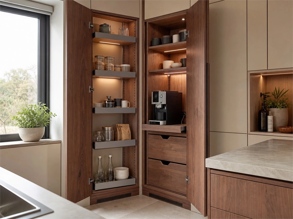 Tall corner pantry cabinet with pull-out storage and built-in appliance zone