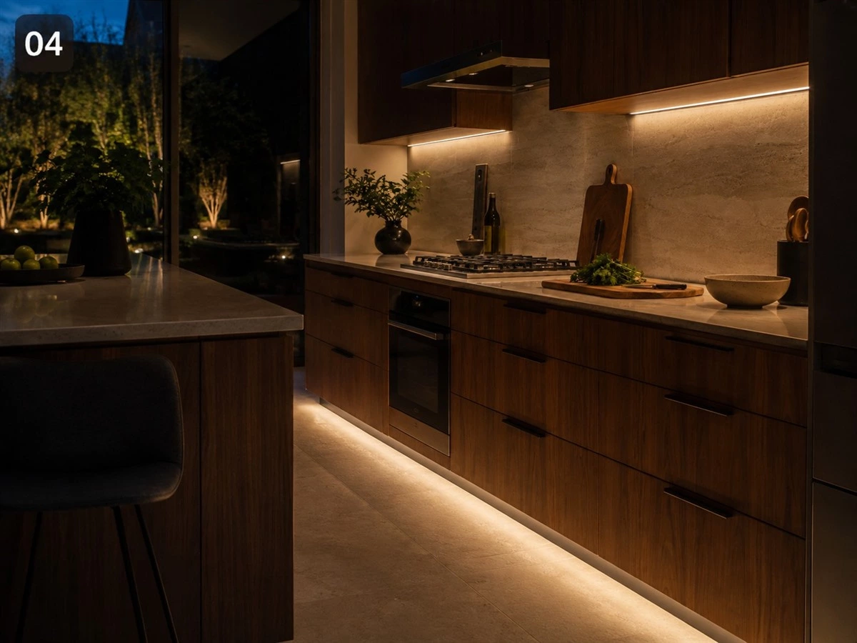 Appliance garage lighting for a custom kitchen coffee station