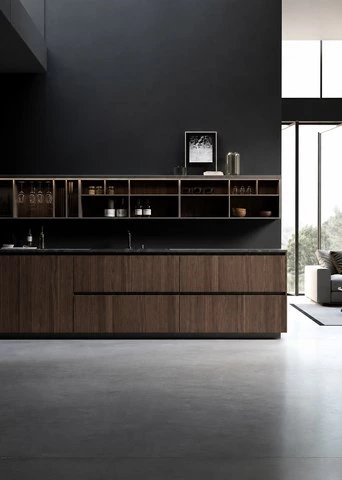 Walnut Glass Cabinets for an Open Kitchen and Dining Space