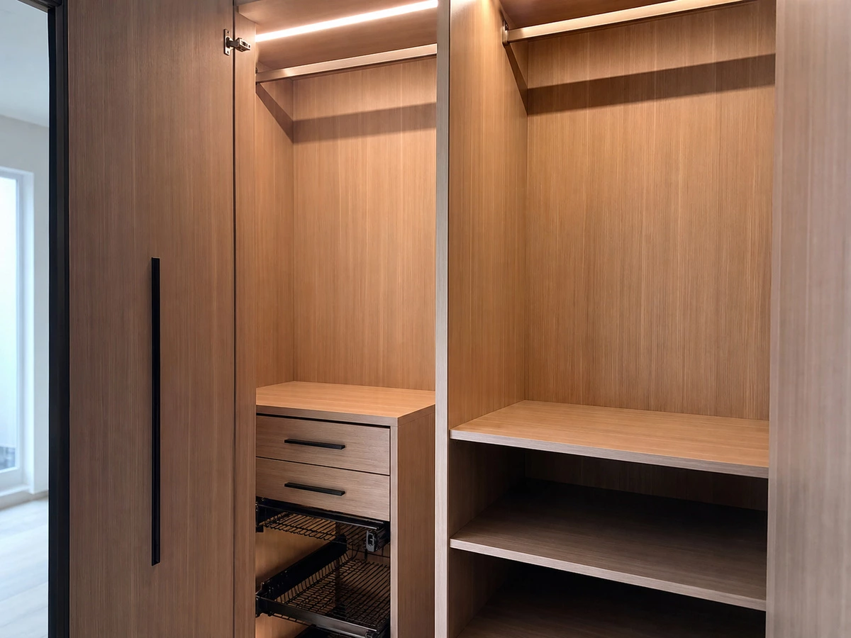 Wood-finish wardrobe detail in Shenzhen residential project