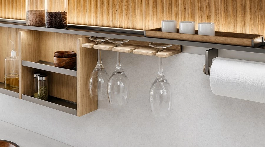 Wood Lattice Kitchen Cabinets for a Streamlined Galley Layout