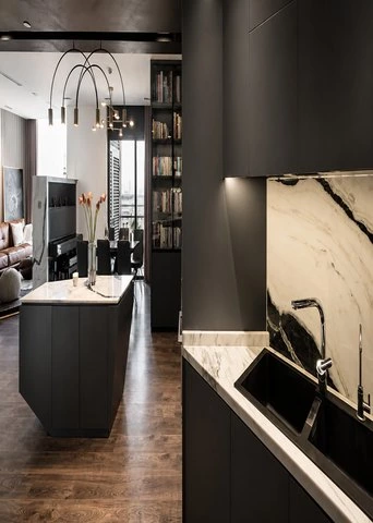 Angular Island Kitchen with Quartz Marble