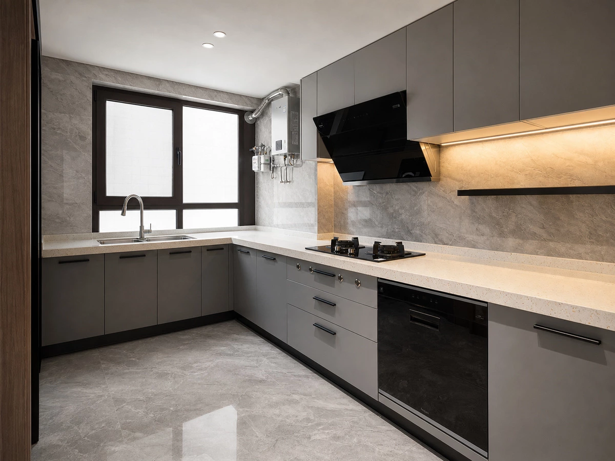 Compact L-shaped kitchen cabinets in the Foshan apartment