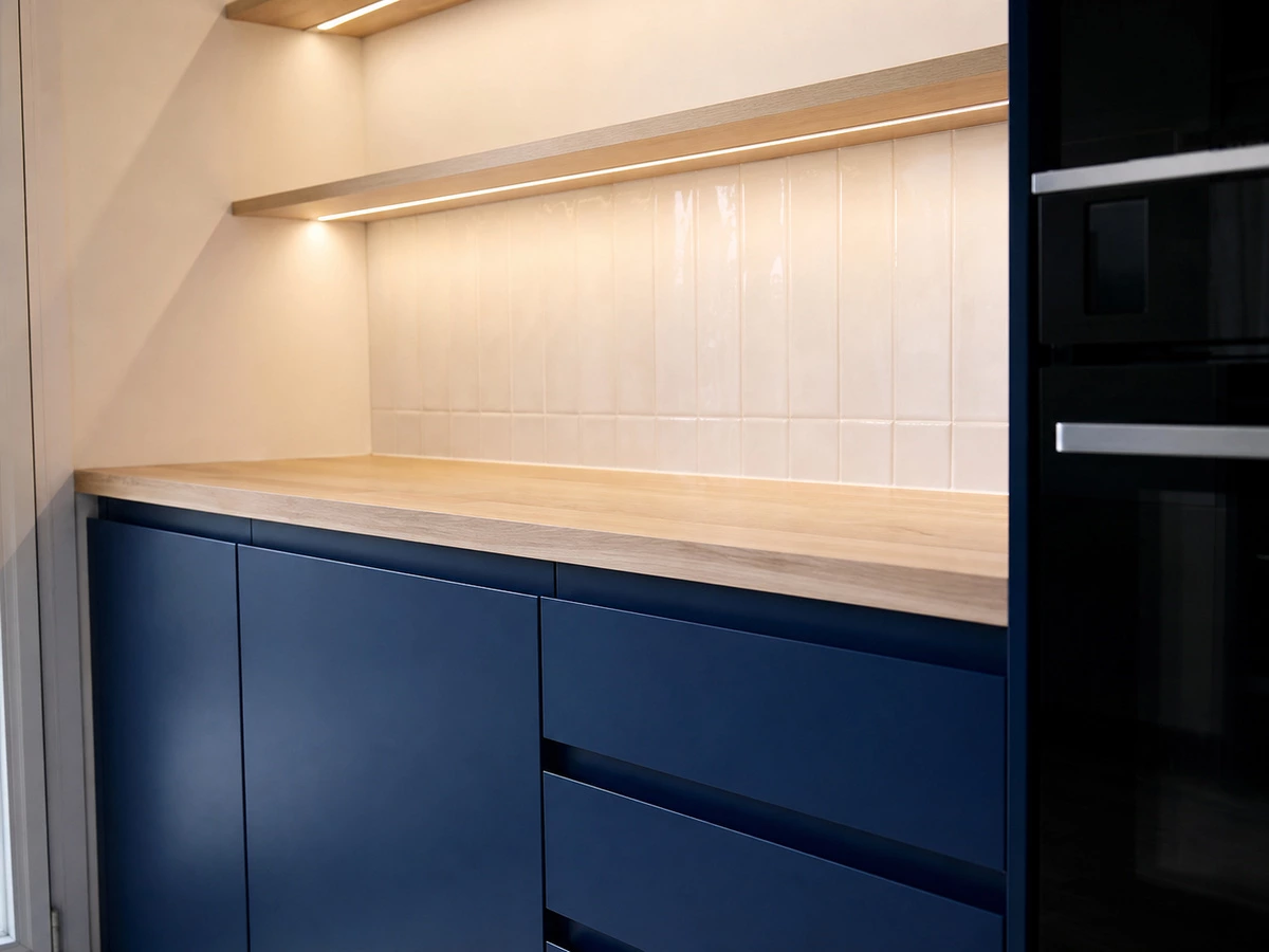 Blue kitchen cabinet finish with white surfaces and natural wood details