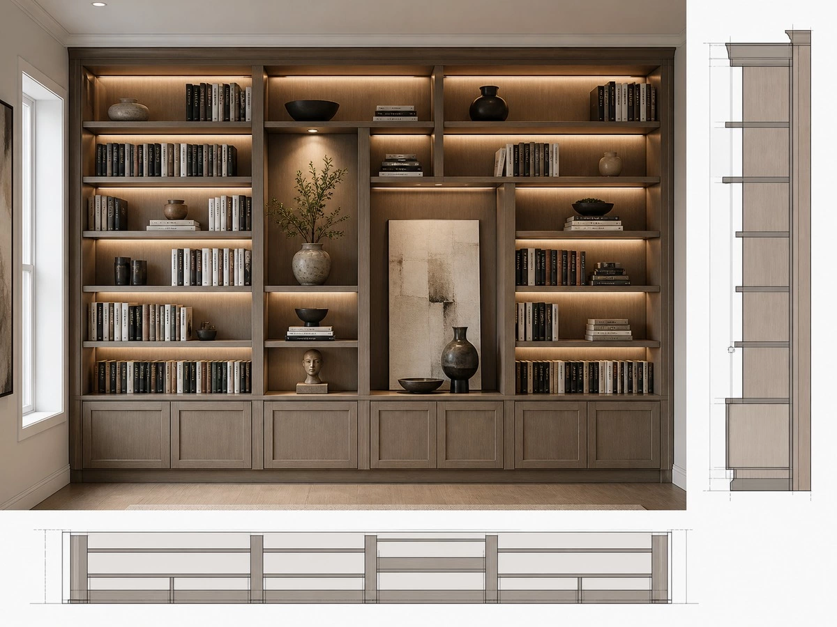 Built in bookcase shelf spacing guide for standard books albums and display objects