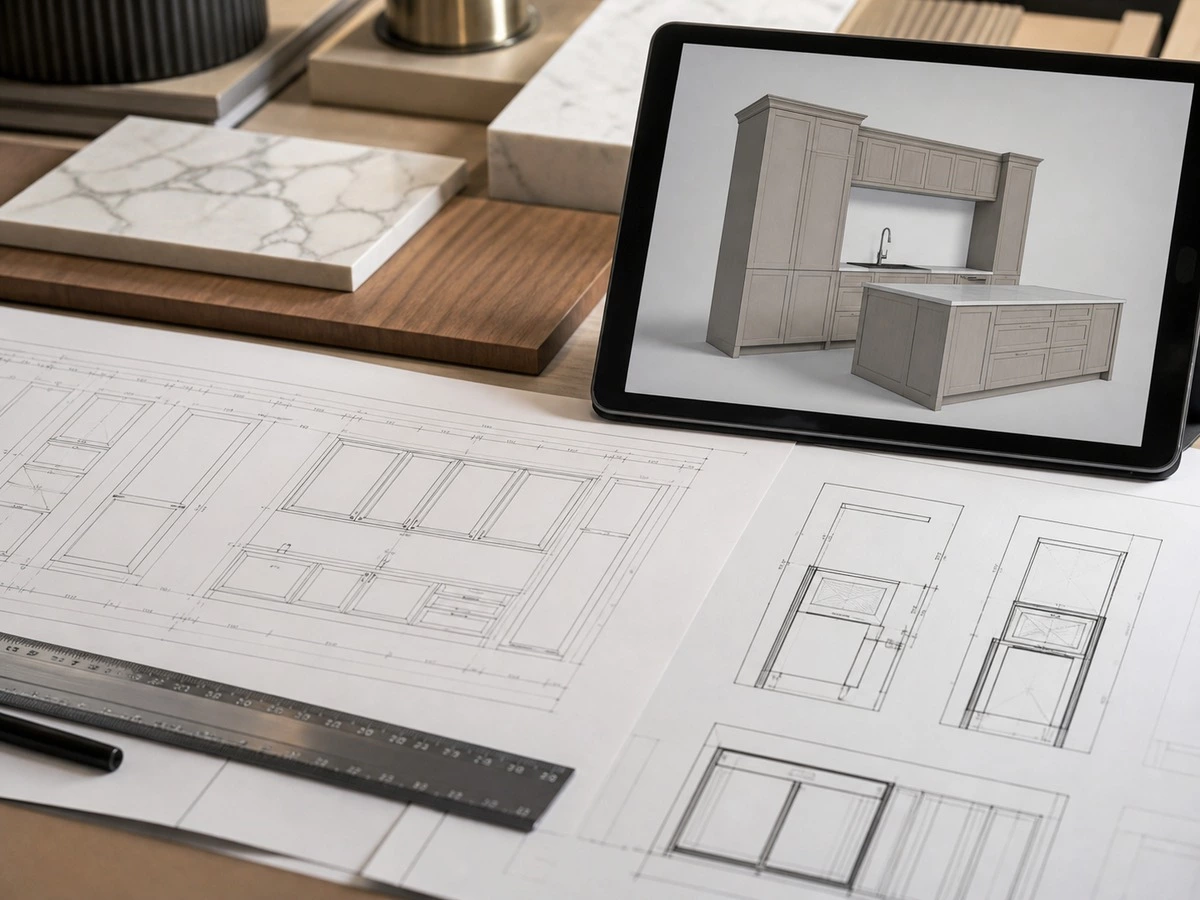 Cabinetry shop drawing approval review with cabinet elevation appliance clearance revision details and finish samples