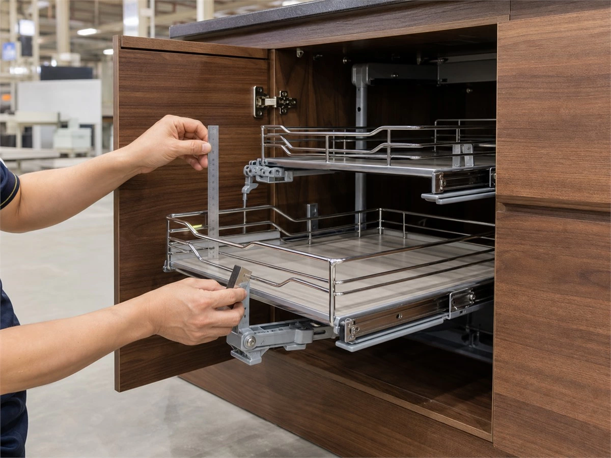 Factory quality inspection of kitchen corner cabinet hardware and door alignment