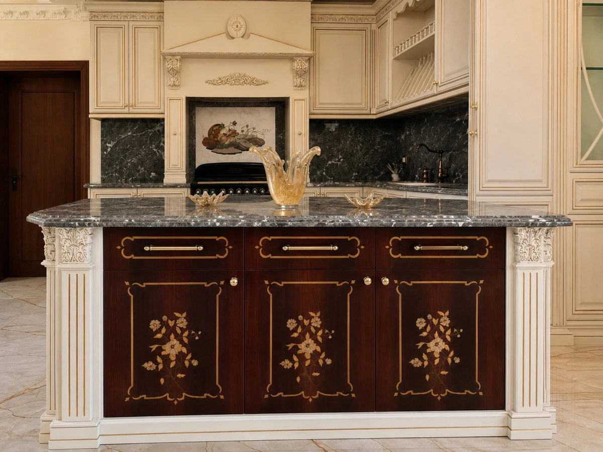 Veneer inlay island with storage in the traditional villa kitchen