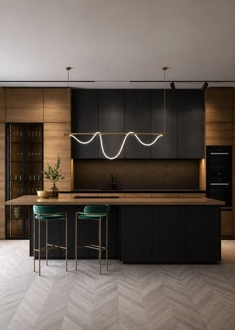 Dark Linear Kitchen with Irregular Island