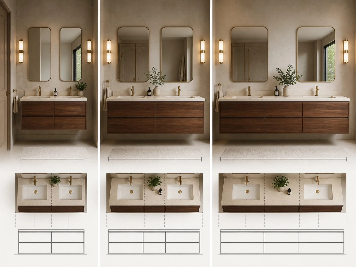 Double vanity width comparison with basin spacing for compact and spacious bathrooms