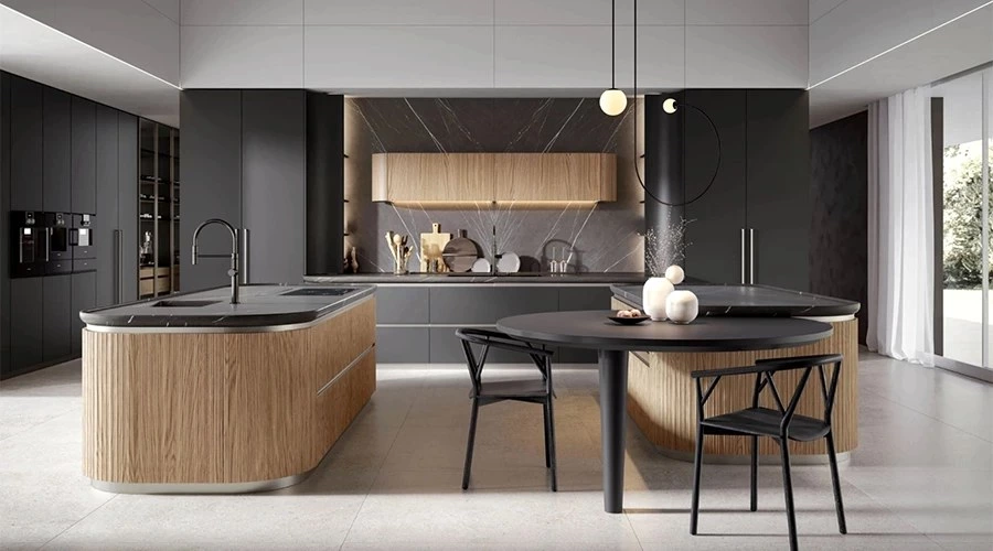 Dual Island Kitchen with Dining Storage and Backlit Cabinets