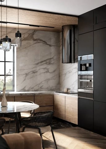 European Wood Kitchen with White Marble
