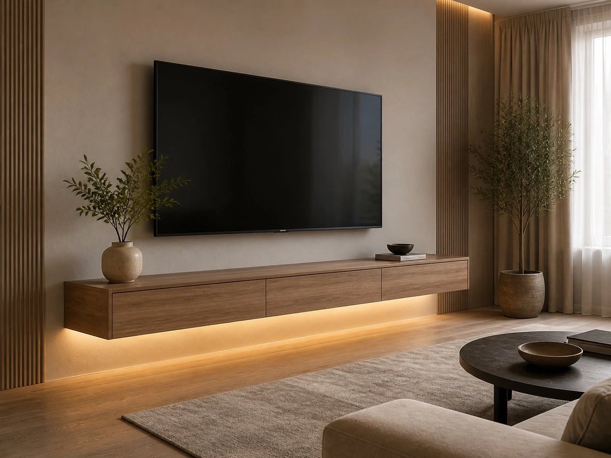 Floating TV wall base cabinet with concealed cable planning and living room storage