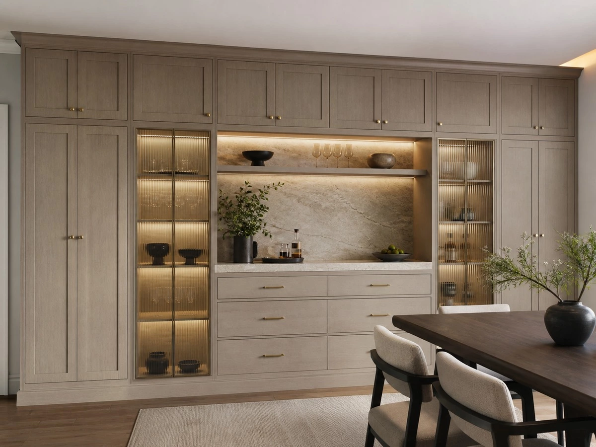 Full height built in sideboard wall with serving niche and glass display storage