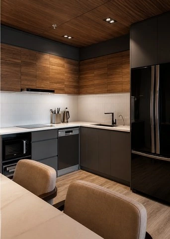 Gray Lacquer Kitchen Cabinets with Wood-Grain Tall Units