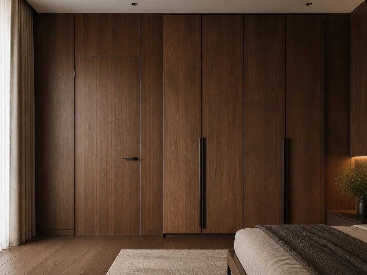 Interior door height and ceiling alignment with wall panels and cabinetry